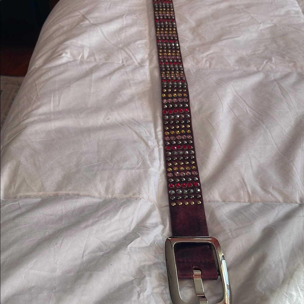 Studded Leather Belt with Red and Gold Accents